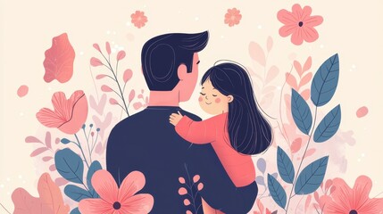 Heartwarming Moment Between Father and Daughter in Floral Background