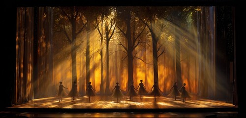 Ballet dancers in a sunlit forest