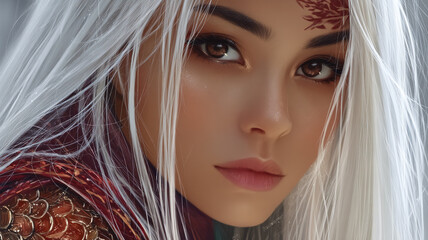 Close up portrait of a beautiful woman with white hair and brown eyes