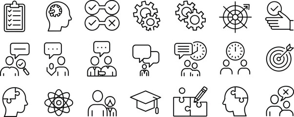 Critical thinking icons, teamwork, decision making, cognitive process, learning concept, strategy icons, editable stroke line, business mindset pack
