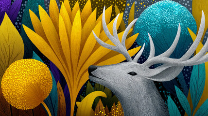 Stylized Deer Portrait in Colorful Floral Fantasy Garden Illustration Art