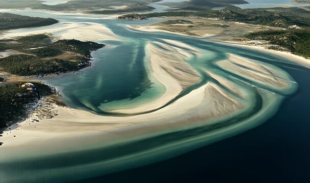 Aerial View of Serene Sandy Beach and Winding Coastal Landscape with Clear Blue Waters