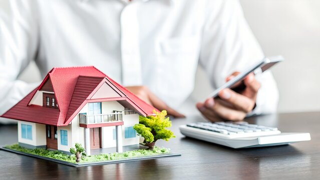 Simple Home Loan Planning and Budgeting with Mobile and Calculator. Real estate agent with house. Real Estate Concept.