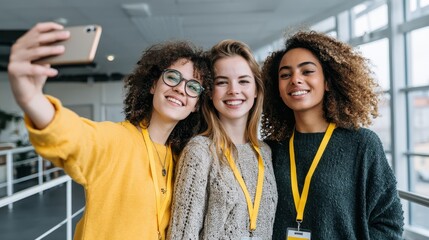 Three young women are smiling for the camera, with one of them holding a cell phone. They are wearing name tags and seem to be enjoying their time together