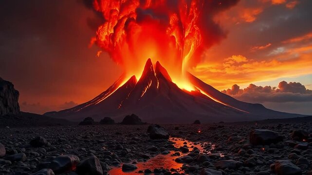 The fiery volcano erupts with glowing lava under a dramatic sky in a volcanic landscape