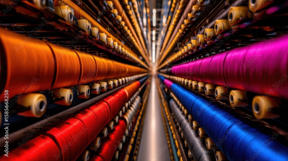 Poster vibrant spools of thread arranged in a factory, showcasing a spectrum of colors and textures