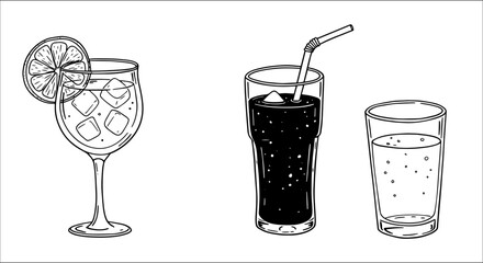 Black and white line art illustration of three diverse refreshing drinks: a cocktail with lemon, a soda with straw, and a sparkling water glass.