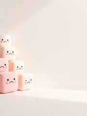 A heap of cute square candies with sad faces sitting in a softly lit, minimalist space