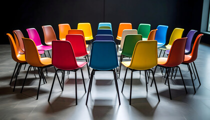 Colorful Chairs Arranged in a Circle on a Gray Floor