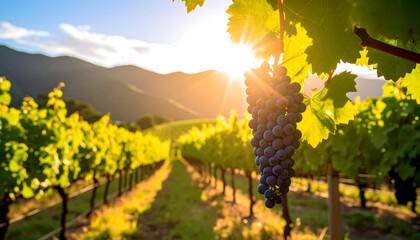 Ripe Red Grapes on Vine at Sunset Vineyard