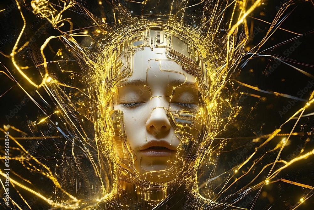 Poster a central ai processor surrounded by golden wiring and high-tech interfaces
