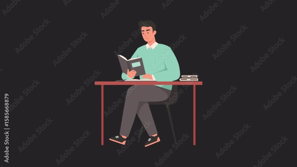 Aufkleber man reading book 2d animations on transparent background