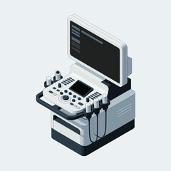 Modern isometric illustration of a medical ultrasound machine with probes and screen