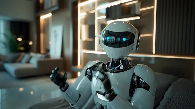 White humanoid robot with blue eyes sitting in a modern bright interior with panoramic windows.