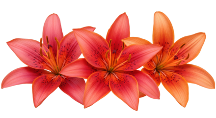 Blooming Lily Flowers with Red and Orange Petals on White Background