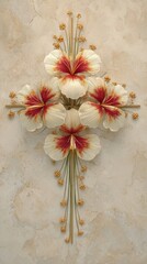 Artistic wall decoration featuring a cross-shaped arrangement of cream and red hibiscus flowers with golden stems and buds on a textured beige background.
