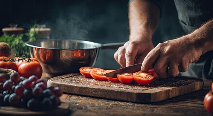 Close-up of hands chopping tomatoes on a wooden cutting board