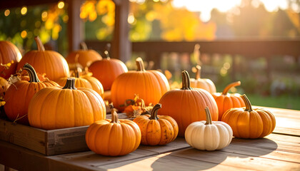 Autumn Harvest: Orange Pumpkins on Wooden Table in Sunlight
