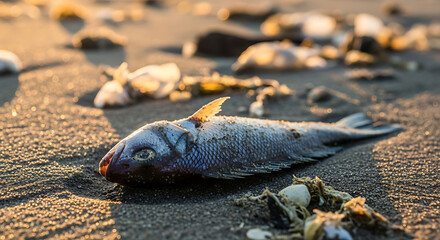 Dead fish lies on a polluted beach, surrounded by debris.