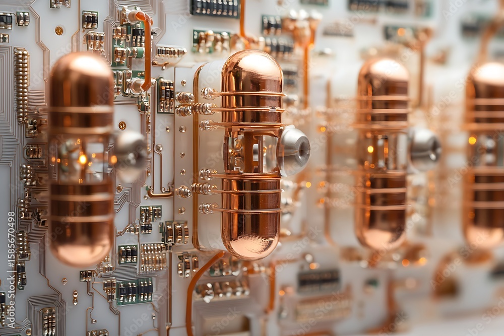 Poster a circuit board with copper connections and blinking signal points arranged in a structured layout