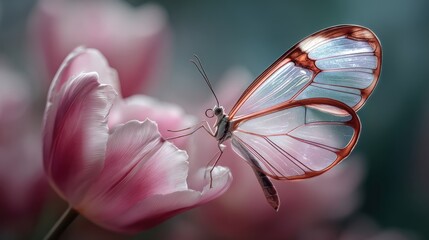 A delicate glasswing butterfly rests on a soft pink tulip, blurred background suggesting a garden setting