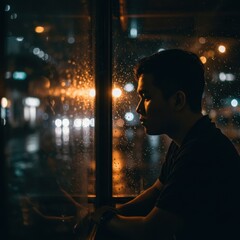 Nighttime Contemplation: A Man's Silhouette at a Rainy Window, City Lights Reflecting