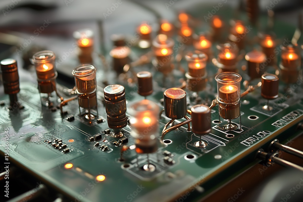 Poster a circuit board with copper connections and blinking signal points arranged in a structured layout