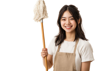 Young Asian woman in apron smiling at camera while holding a mopping stick, isolated over white background