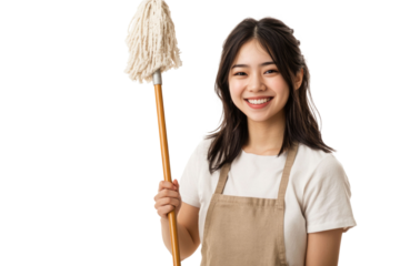 Young Asian woman in apron smiling at camera while holding a mopping stick, isolated over white background