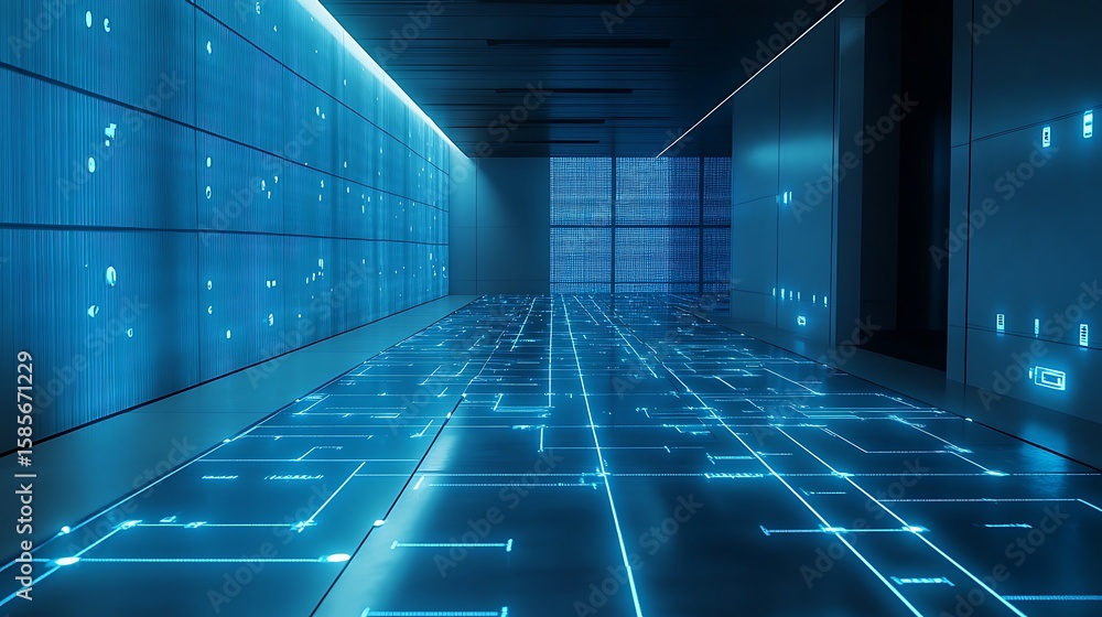 Poster a circuit panel with luminous blue traces forming a network grid across a sleek surface