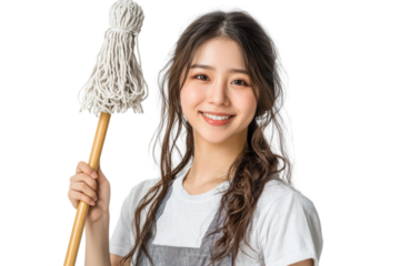 Young Asian woman in apron smiling at camera while holding a mopping stick, isolated over white background