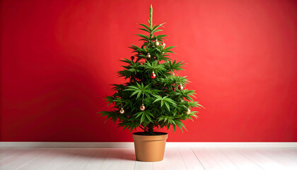 Small Christmas Tree in Brown Pot Against Red Background