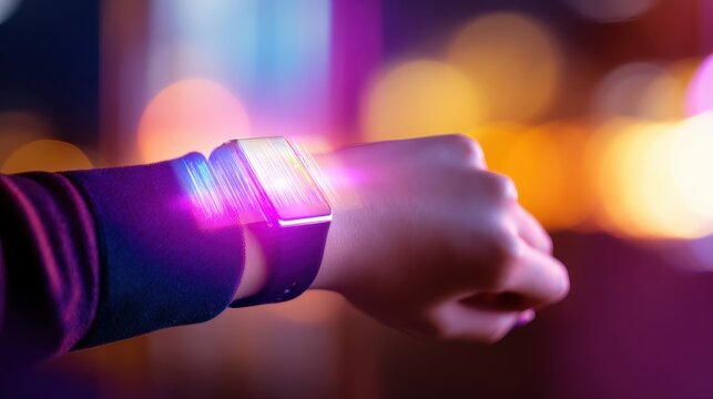 A close-up of a glowing smartwatch on a wrist, showcasing technology amidst a vibrant city nightlife background - Powered by Adobe