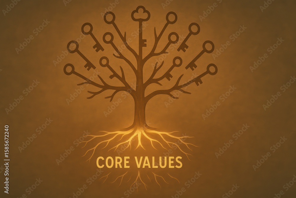 Poster tree with keys representing core values in symbolic illustration of growth and strength