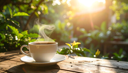 Morning Coffee in Sunlight: A White Cup of Steaming Coffee on Wooden Table Outdoors