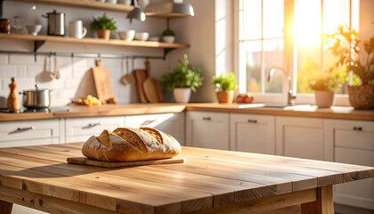 Artisan Bread on Rustic Wooden Kitchen Table in Sunlit Room