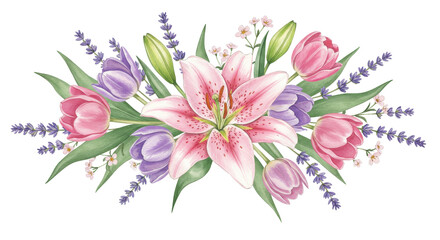 Floral Arrangement with Lily, Tulips, and Lavender on White