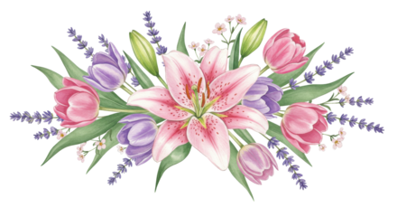 Floral Arrangement with Lily, Tulips, and Lavender on White