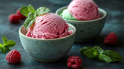 Bright, colorful assortment of lemon sorbet, mango, matcha tea, and raspberry ripple ice cream scoops. Vibrant background enhances fresh, sweet, and refreshing dessert vibe. Caption space on the side.