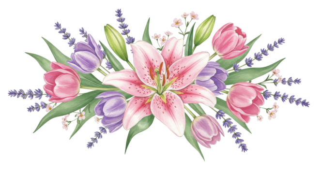 Floral Arrangement with Lily, Tulips, and Lavender on White