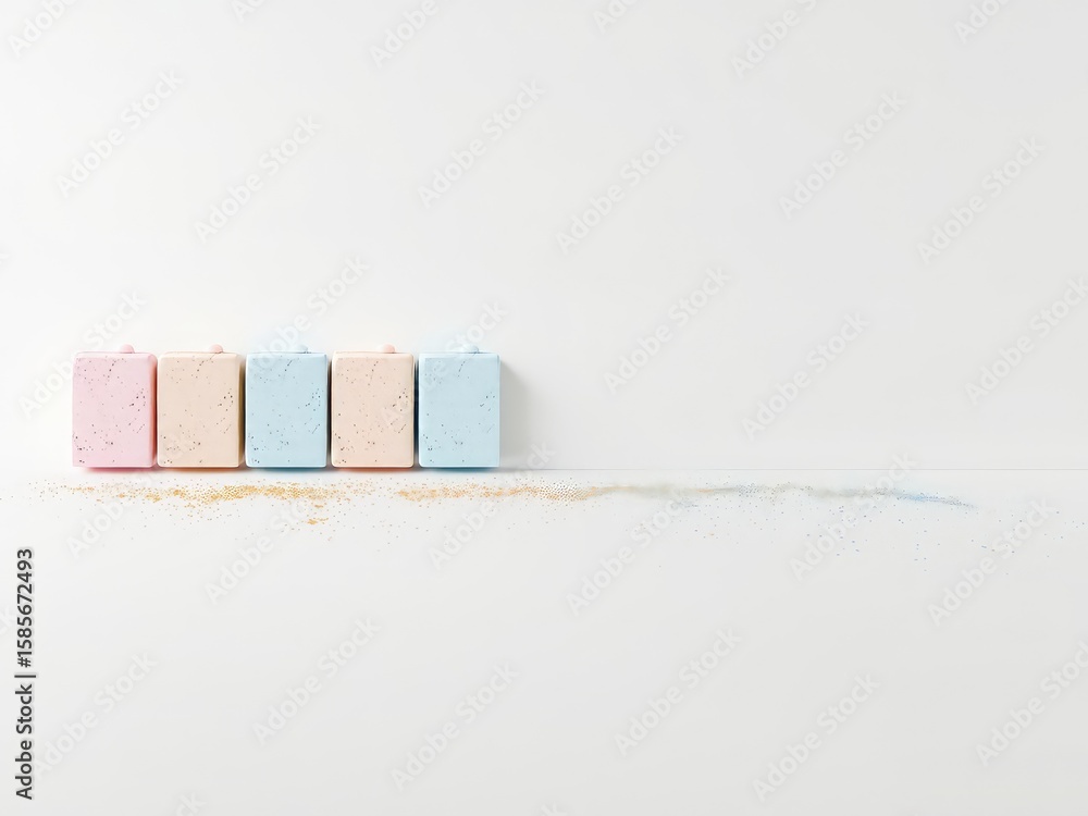 Aufkleber pastel blocks arranged in a row with sprinkles on a clean surface, high key minimalism, subtle color