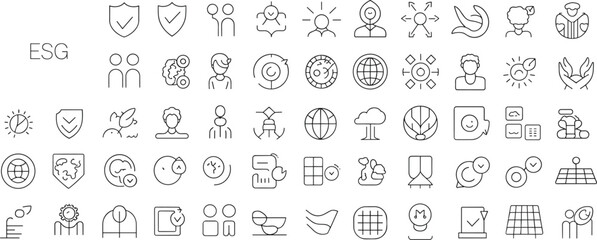 ESG outline icons pack, sustainability line symbols, climate action, social impact, governance ethics, renewable design vector, editable stroke