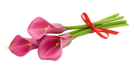 Pink Calla Lilies Tied with Red Ribbon on White Background