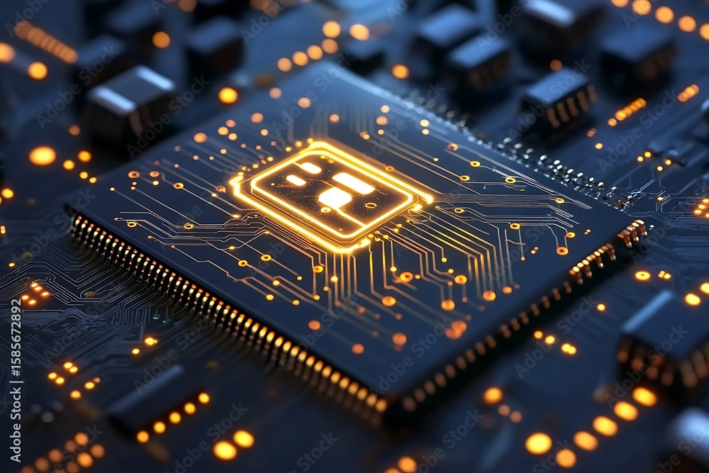 Poster a close-up view of an advanced ai chip glowing with golden circuits and digital signal paths