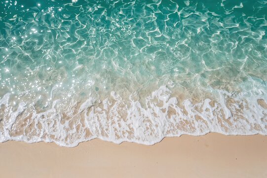Crystal-clear blue waves lapping the shoreline with peaceful patterns, great for tourism, relaxation, or wellness visual assets