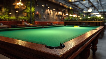 Classic Billiards Table in a Trendy Restaurant Setting A Green Felt Pool Table in a Stylish Bar or Pub