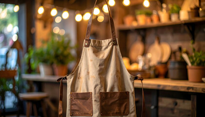 Beige Canvas Apron with Brown Leather Details in Rustic Kitchen Setting