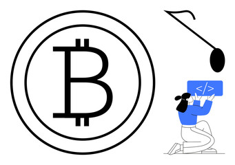 Bitcoin symbol, coding developer holding blue code block, and suspended pen. Ideal for cryptocurrency, programming, blockchain, fintech, software development, innovation simple landing page
