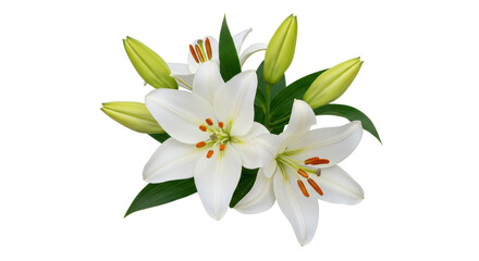 Fototapeta premium Blooming White Lilies with Buds and Green Leaves Isolated