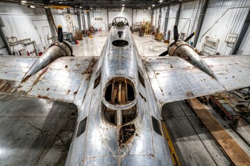 Rusty bomber fuselage in hangar